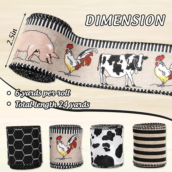 Farmhouse Animal Wired Edge Ribbons Cow Chick Pig Stripe Chicken Wire Decorative Fabric Wrapping Ribbons for DIY Crafts Wreath Bow Making Supplies, 4 Rolls, 24 Yard