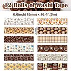 12 Rolls Coffee Washi Tape Set, Vintage Coffee Decorative Tapes, Retro Brown Watercolor Cafe Masking Tape for Journaling, Scrapbooking, Planner, DIY Arts Crafts Supplies, Gift Wrapping 16.4FT