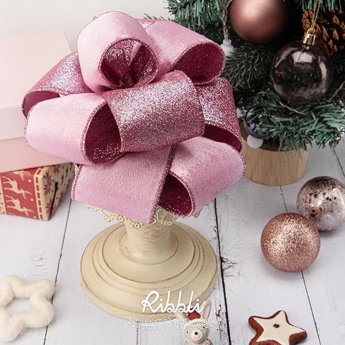Ribbli Pink Velvet Wired Ribbon 2.5 Inch Velvet with Glitter Christmas Ribbon for Tree Decoration Big Bow Gift Wrapping Crafts Wreaths Supplies - 10 Yards