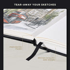 Beechmore Books A3 Sketchbook – 11.7x16.5 Premium Vegan Leather Bound Extra Large Sketch Book Hardcover, 160gsm 160 Perforated Ivory Pages, Blank Sketch Pad, Gift Boxed, Back Pocket, Ribbon Bookmark