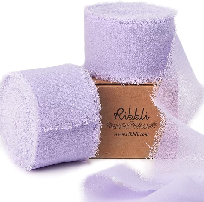 Ribbli Lavender Chiffon Silk Ribbon, 1-1/2 inch x 20 Yard, Handmade Fringe, Light Purple for Wedding Invitations, Bridal Bouquets, Flower Arrangement Decoration