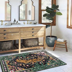 Oriental Tropical Indoor Door Mat Washable, Thin Black Boho Vintage Distressed Hippie 3x5 Throw Rugs for Bedroom Bathroom Kitchen Non-Slip Abstract Botanical Tribal Indian Entryway Carpet