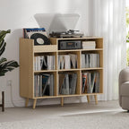 Cozy Castle Large Record Player Stand, Vinyl Storage Cabinet Mid Century Modern Turntable Stand Media Console Table Open Shelf Cube CD Album Holder Organizer for Living Room, Office, Oak