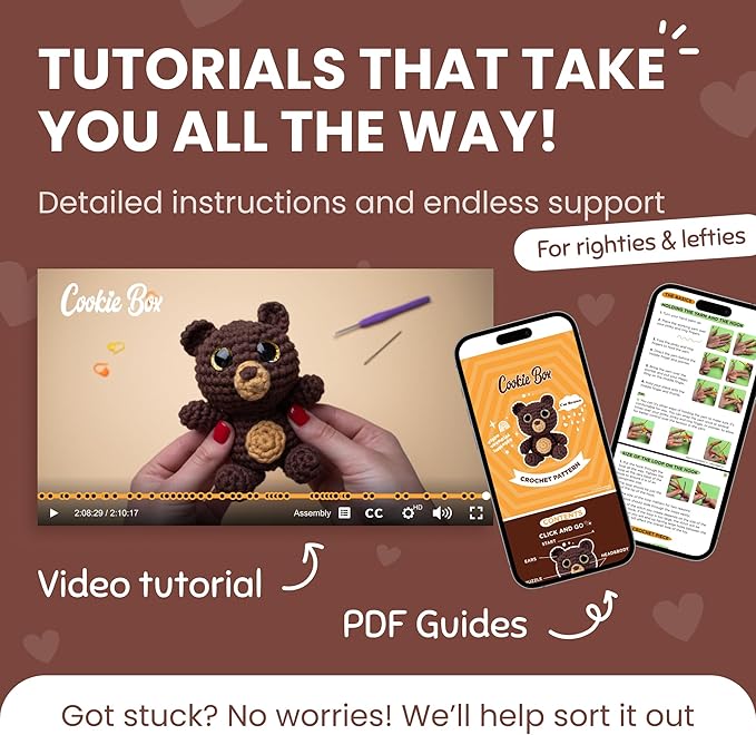 Cookie Box Crochet Kit for Beginners – Gift Set to Make Bear Bruno Amigurumi Plushie – Easy DIY Crochet & Knitting Starter Kit with Video and PDF Tutorials
