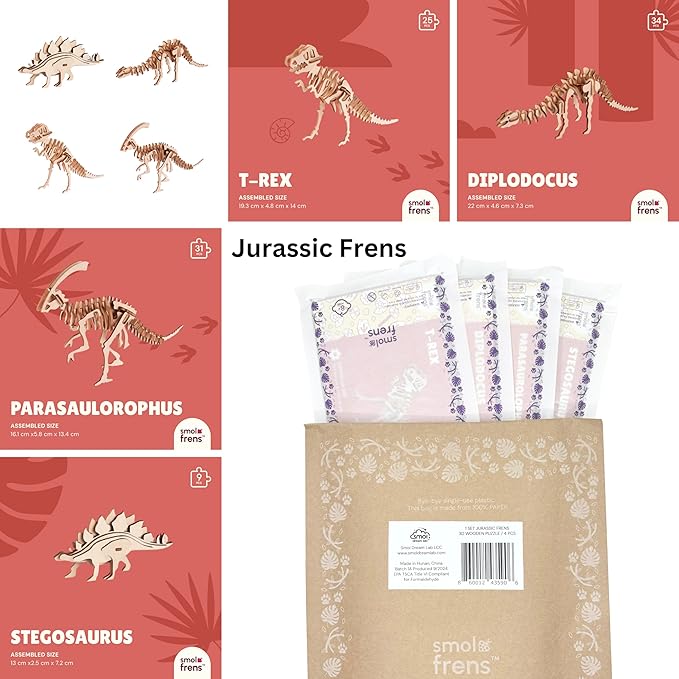 Wooden Dinosaur Puzzles for Ages 8+, 4 Pack 3D Wooden Puzzles, STEM Kits for Kids & Adults, Wood Crafts Model Kits, STEM Toys, DIY Art Projects, Educational Gifts Toys, Party Favors - Jurassic Frens