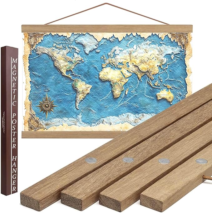 DACRI HOME 48" Sturdy Magnetic Poster Hanger Frame - Teak Wood Poster Frame, Strong Magnets for Safe Hanging Maps Pictures Print Scroll Wall Art (48 Inch, Natural Wood)