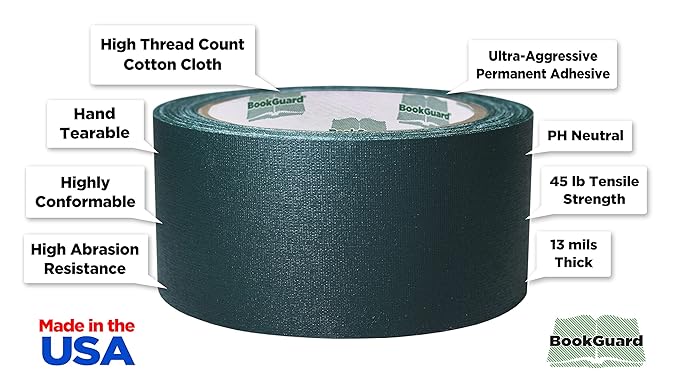 BookGuard 2 inch Premium Bookbinding Repair Cloth Tape, 15 Yard Roll, Forest Green