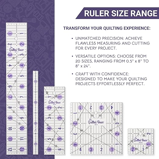 The Quilted Bear Quilting Rulers - Transparent Acrylic Non Slip Quilting, Patchwork & Sewing Ruler with Clear Black Lines & 30, 45 & 60 Degree Angles for Perfect Accuracy & Precision (6" x 6")
