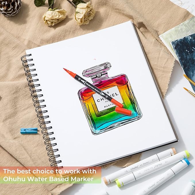 Mix Media Pad, Ohuhu Mixed Media Art Sketchbook, 120 LB/200 GSM Heavyweight Papers, 62 Sheets/124 Pages, Spiral Bound Mixed Media Paper Pad for Christmas Gift