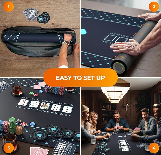 Newverest Poker Table Top 70" x 35", Texas Hold'em Poker Mat for Home Game Nights Up to 10 Players, Casino| Poker Topper Cloth for Tables in Zipper Storage Bag with 8 Coasters in Poker Gift-Ready Box