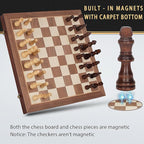 2 in 1 Magnetic Chess Set & Checkers Board Game, 15" Wooden Folding Chess Board with 2 Extra Queens, Portable Travel Chess Set with Pieces Storage Slots, Beginner Chess Board Game for Adults & Kids