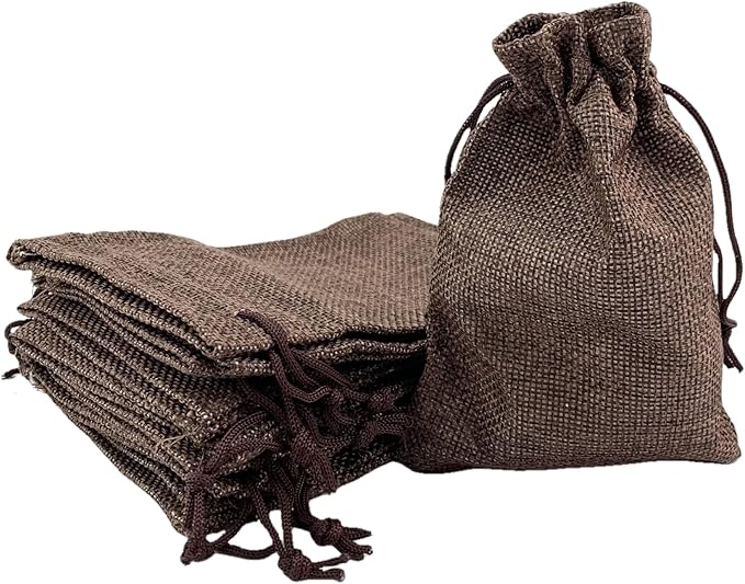 Palmhomee Pack of 25 Burlap Gift Bags with Drawstring Linen Jewelry Pouches Wedding Hessian Jute Bags for Birthday Jewelry and Treat Pouches Party Wedding Favors Gift Art and DIY Craft   (4x5.6 Inch, Coffee)