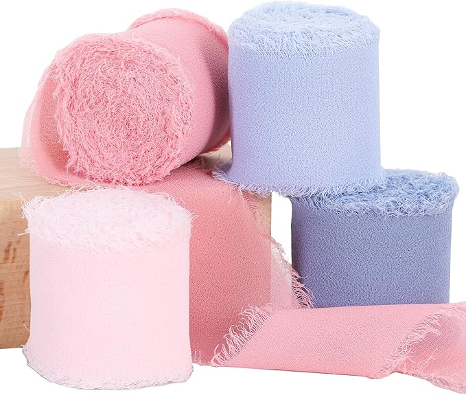TONIFUL 4 Rolls Pink & Blue Chiffon Ribbon 1 1/2 Inch 5.5 Yards Fabric Silk for Gift Wrapping, Wedding Party Decoration, Flower Bouquet, Bows Making, DIY Crafts