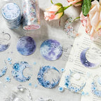 6 Rolls Moon Flower PET Tape Set, Pre-Cut Aesthetic Stickers for Journaling, Scrapbooking, and DIY Crafts, with Decorative Clip