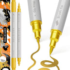 ARTISTRO 2 Gold Dual-Tip Acrylic Paint Pens - Multisurface Metallic Markers for Glass, Rock, Fabric, Wood, Plastic & More - 1 mm Fine & Brush Tips