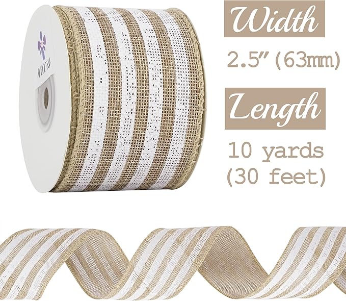 MEEDEE Burlap Wired Ribbon with White Stripe - 2.5 Inch Wired Ribbon for Cakes, Gift Baskets, Wreaths, Rustic Decor, Baby Showers, Beach, Farmhouse, 10 Yards