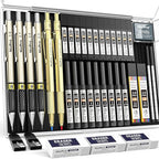 Nicpro 37PCS Gold Art Mechanical Pencil Set, 4PCS Metal Drafting Pencil 0.3/0.5/0.7/0.9 mm & 2PCS 2mm Lead Holder (6B 4B 2B HB 2H 4H) School Supplies for Sketching Drawing with 23 Tube Lead Refills