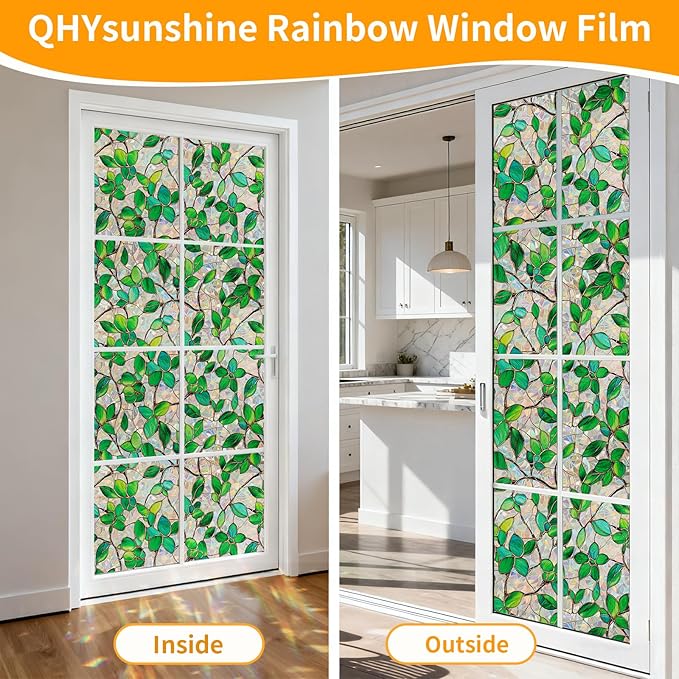 Stained Glass Window Privacy Film Decorative Rainbow Static Clings – Ideal for Home & Office, Adhesive-Free, Removable, UV-Blocking (Green Rainbow, 35.4 X 157.4 in)
