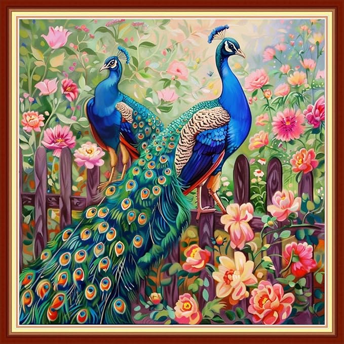 Stamped Cross Stitch Kits - Beach Night Landscape Counted Cross Stitch Kits for Beginners Adults Needlepoint Cross-Stitch Patterns-Peacock Couple 18x18 inchs