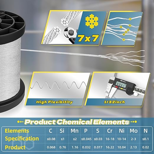 316 Stainless Steel Cable, 400FT 1/32IN Wire Rope with 100Pcs Aluminum Sleeves Stops, for String Lights Hanging, Clotheslines, Trellis Wire