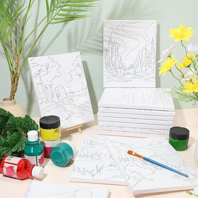 Zhanmai 12 Pack Pre Drawn Canvas for Painting Sip and Paint Kit 8" x 10" Paint Party Set Canvas Painting Pre Printed Canvases for Party Favor DIY Virtual Adult's Date Night(Natural Scenery)