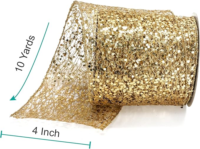CT CRAFT LLC Sparkling Glitter Mesh Wired Ribbon 4" x 10 Yards Gold for Christmas Home Decor Bow Gift Wrapping DIY Crafts Wreath