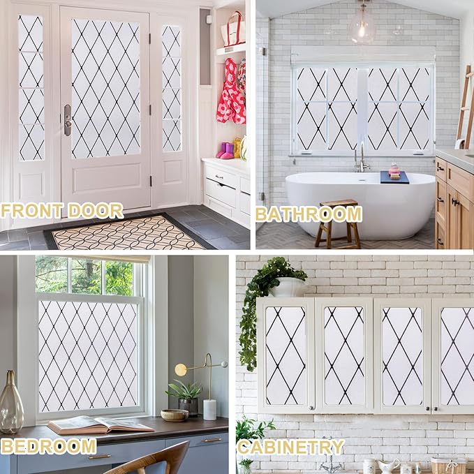 Window Privacy Film Decorative for Front Door, Bathroom Static Cling Stained Glass Sticker Opaque Heat Control UV Blocking Non-Adhesive for Home,Black Grid 17.5 x 78.7 inches