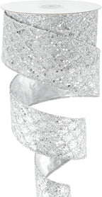 HUIHUANG Silver Glitter Wired Ribbon for Christmas Tree 2.5 inch Silver Diamond Mesh Ribbon for Tree Decoration, Wreaths, Garland, Gift Wrapping, Large Bows Making, Home Decor -10 Yards