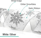 CT CRAFT LLC White Satin with Silver Snowflake Wired Ribbon 2.5 Inch x 10 Yards for Christmas Home Decor Tree Topper Bow Gift Wrapping DIY Crafts Wreath Garland