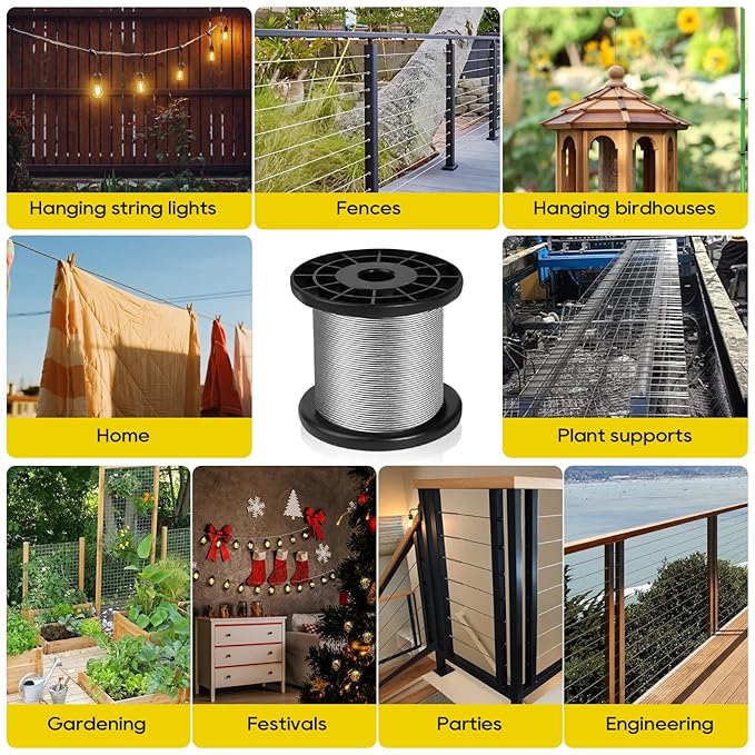316 Stainless Steel Cable, 400FT 1/32IN Wire Rope 7 * 7 Strand with 100Pcs Aluminum Sleeves Stops, Guide Wire for Outdoor String Lights for String Lights Hanging, Clotheslines, Trellis (400FT)