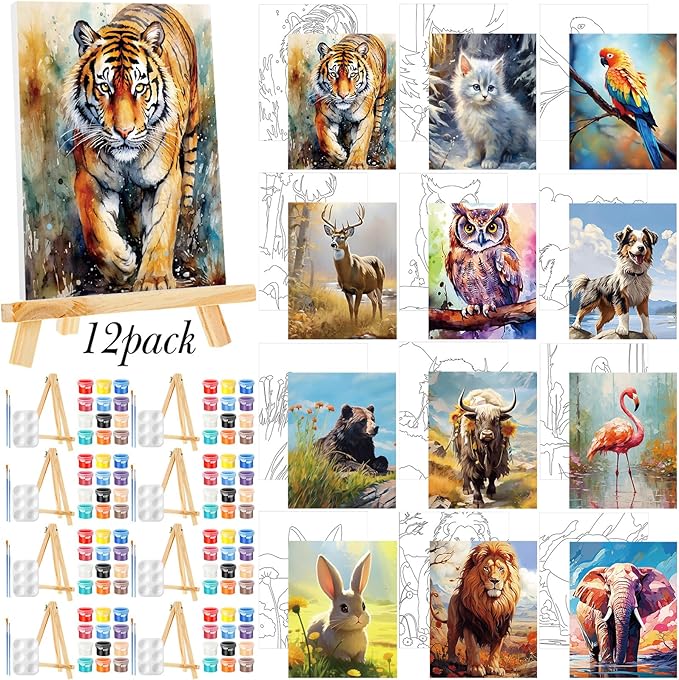 Zhanmai 12 Pack Pre Drawn Canvas for Painting Sip and Paint Kit 8" x 10" Paint Party Set Canvas Painting Pre Printed Canvases for Party Favor DIY Virtual Adult's Date Night(Animals)