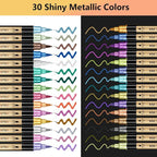 Metallic Marker Pens, 30 Colors Dual Tip Acrylic Paint Pens for Black Paper, Scrapbooking, Photo Album, Rock Painting, Paint Marker for DIY Arts & Crafts, Glass, Wood, Card Making, Scrapbook Supplies
