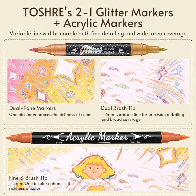 TOSAHRE 72 Colors Dual Tip Glitter Markers & Acrylic Marker Set Paint Pens 24 Pack+ Glitter Brush Marker 24 Pack (48 Colors) for Coloring Rock Wood Painting Scrapbooking Card Making & DIY (48 Pack)