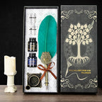 Quill pen ink set,Feather Pen and Ink Set,Antique Calligraphy Pen with 4 Replaceable Nibs,2 Bottle of ink,Feather Dip Pen Holder Christmas Gift for Men&Women.(Green)