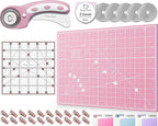 Rotary Cutter Set - Quilting Kit incl. 45mm Fabric Cutter, 5 Replacement Blades, A4 Cutting Mat, Acrylic Ruler and Craft Clips - Ideal for Crafting, Sewing, Patchworking, Crochet & Knitting (Pink, A4)
