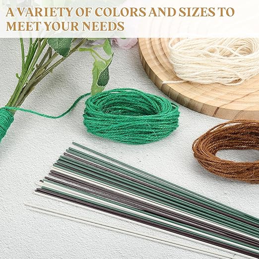 uxcell 100Pcs 2 Gauge Floral Wire, 11.81" Length Flower Stem Wires with 0.08" x 32.8ft Twine for Wreath Making, Flower Arrangement, White