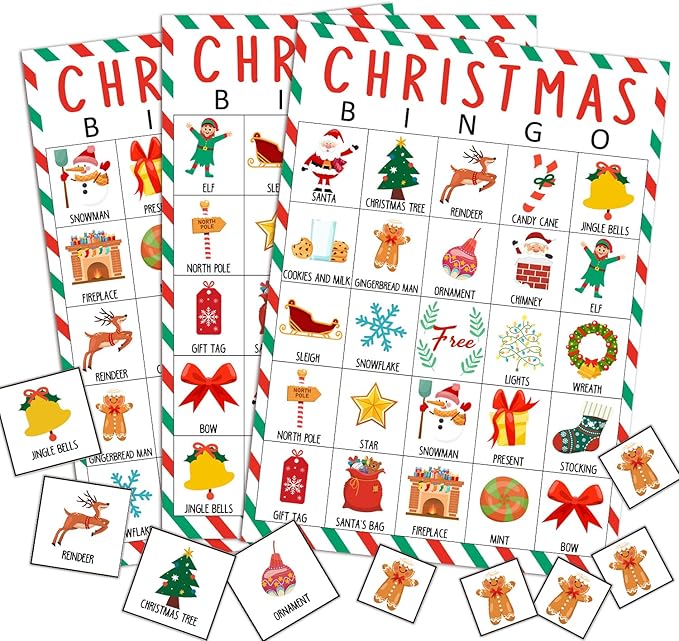 Christmas Bingo Cards, 24 Players Xmas Bingo Cards for Adults Large Group, Fun & Exciting Xmas Games for Family Activities, Classroom Party, Holiday Entertainment, Christmas Party Favors -09