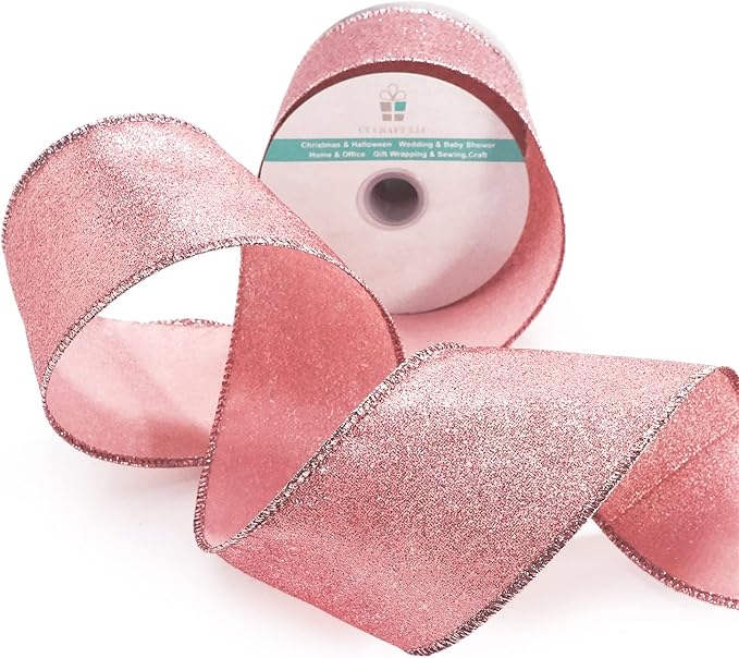 CT CRAFT LLC Glitter Wired Ribbon 2.5" x 10 Yards Rose Gold for Christmas Home Decor Bow Gift Wrapping DIY Crafts Wreath
