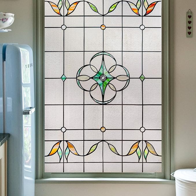 3D Stained Glass Window Privacy Film, Heat Control UV Blocking Static Cling Decorative Window Film for Bathroom,Front Door,Home Non Adhesive,23.6 x 35.4 inches Verdant Whispers