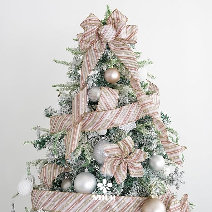 MEEDEE Pink Diagonal Striped Ribbon 2.5 Inch Blue Satin with Rose Gold and Champagne Glitter Wired Ribbon for Christmas Tree, Garlands, Wreaths, Topper Bow (10 Yards)