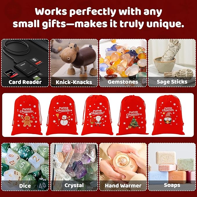 Tapleap Velvet Coth Christmas Bags with Drawstring, 50Pcs 5x7 for Wrapping Christmas Party Favors or Gifts for Friends, Small Bussiness, Children, Coworkers