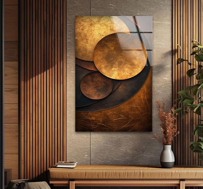 My Photostation.com 14Wx20H'' Bronze Art Deco Geometric Motifs Glass Wall Art Tempered Glass Printing Wall Decor Large Wall Art Wall Hangings