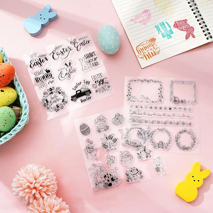 Whaline 5 Sheet Easter Clear Stamps Bunny Rabbit Egg Gnome Words Silicone Transparent Stamps Border Rubber Stamp Cards for DIY Crafts Card Making Scrapbooking Album Supplies