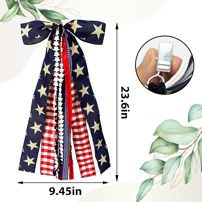 Large Patriotic Star Ribbon Bow for Wreath, Red White Buffalo Plaid Fabric Ribbons Set Assorted Lace Ribbon 4th of July Clip-On Wreath Sash Ribbons Bundle for Patriotic Indoor Outdoor Decor