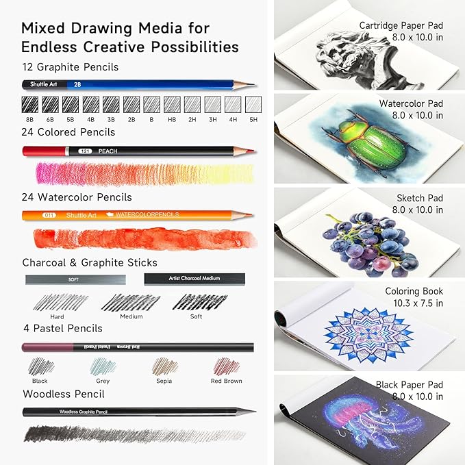 Shuttle Art 124 PCS Drawing Kit, Professional Drawing Supplies with Sketch, Charcoal, Colored, Graphite, Pastel Pencils & Sticks, Complete Drawing Tools and Paper Pads in Zipper Case for Artists&Kids