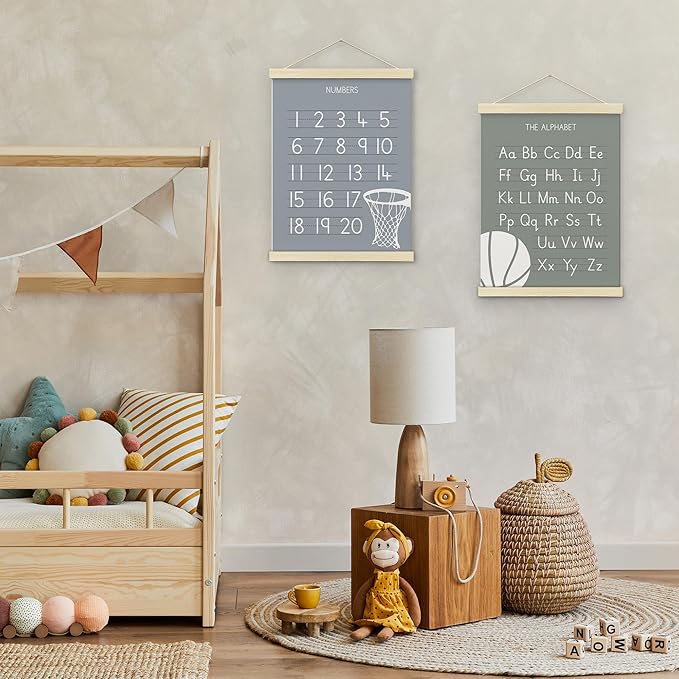 BONETAT Numbers alphabet poster for Nursery Toddlers,Correct Letter Formation on Line Paper, Play Room Wall Decor,ABC Wall Chart,Preschool Homeschool Decor Kids Wall Decor,Wooden Alphabet Banner-A10