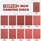 120 PCS 5 Inch Sanding Discs 40 Grit, 8 Hole Aluminum Oxide Hook and Loop Round Sandpaper for Random Orbital Sander