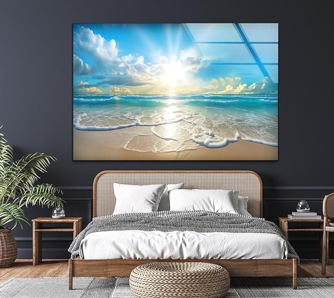 My Photostation.com 28Wx18H'' Beautiful Sunset & Ocean Glass Wall ArtTempered Glass Printing Wall Decor Large Wall Art Wall Hangings