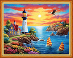 Foxhool Beginners Cross Stitch Kits Stamped Full Range of Embroidery Kits for Adults DIY Cross Stitches kit Embroidery Patterns for Needlepoint kit-Seaside Lighthouse 16x20 inch