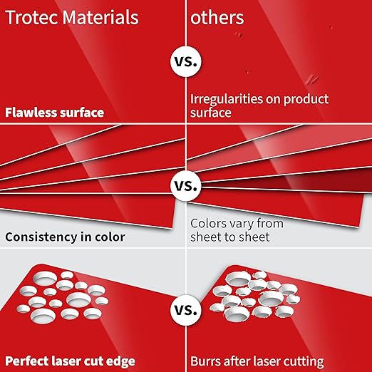 Trotec TroLase | 12"x12"x1/16", 8 Pcs | Gloss Red/White | 2 Ply | Modified Acrylic | Laser Engraving Double Color Plastic Sheet | Engraving Blanks for Laser, Saw, Guillotine | Made in USA